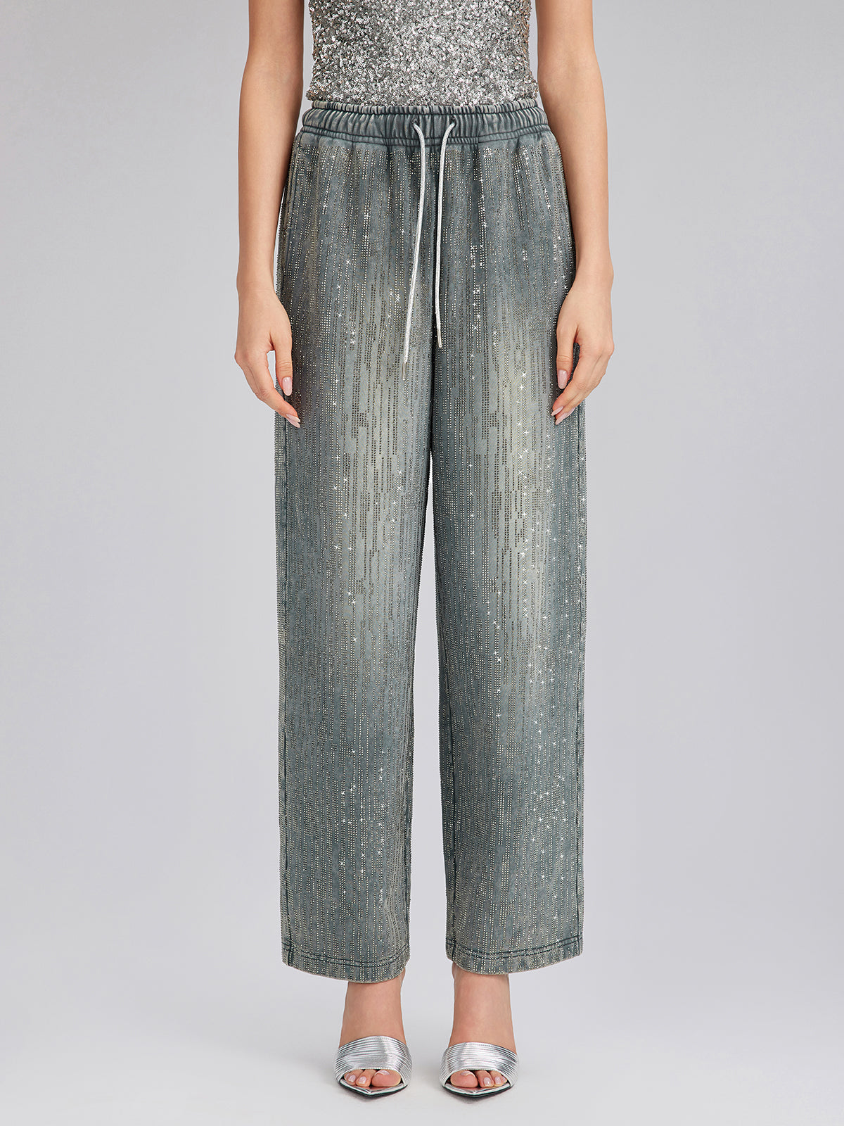 Denim-Inspired Rhinestones Embellished Sweatpants