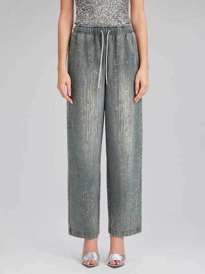 Denim-Inspired Rhinestones Embellished Sweatpants