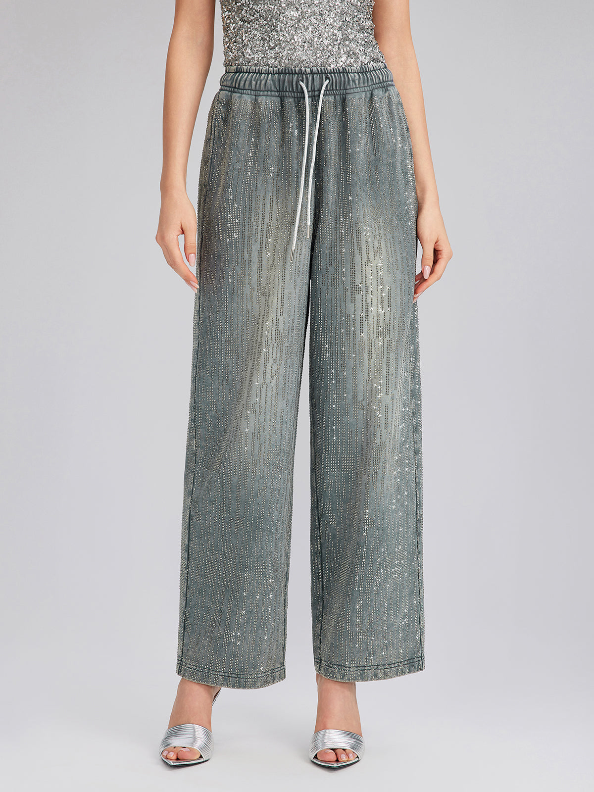 Denim-Inspired Rhinestones Embellished Sweatpants