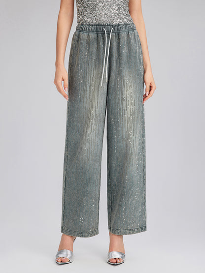 Denim-Inspired Rhinestones Embellished Sweatpants
