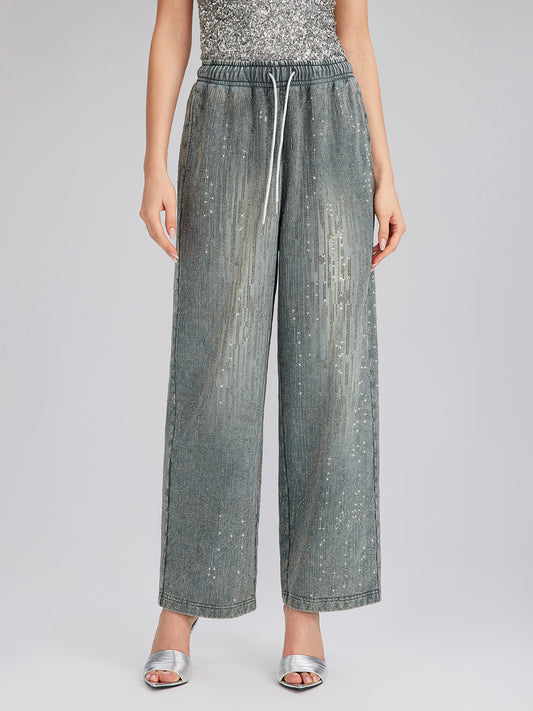 Denim-Inspired Rhinestones Embellished Sweatpants