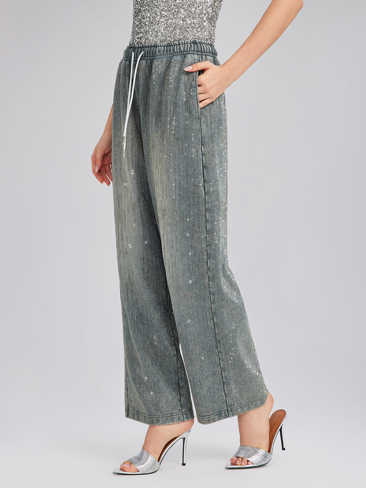 Denim-Inspired Rhinestones Embellished Sweatpants