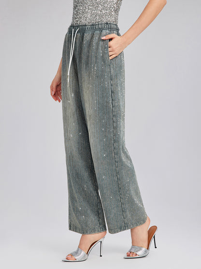 Denim-Inspired Rhinestones Embellished Sweatpants