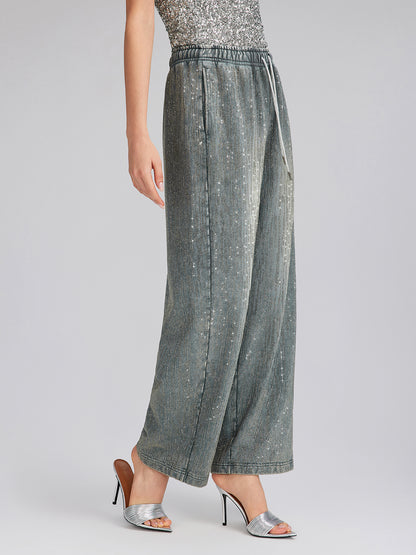 Denim-Inspired Rhinestones Embellished Sweatpants