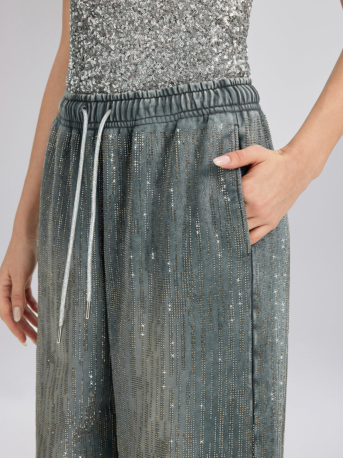 Denim-Inspired Rhinestones Embellished Sweatpants