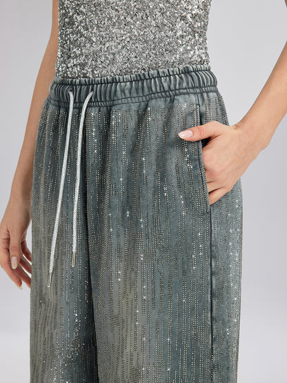 Denim-Inspired Rhinestones Embellished Sweatpants
