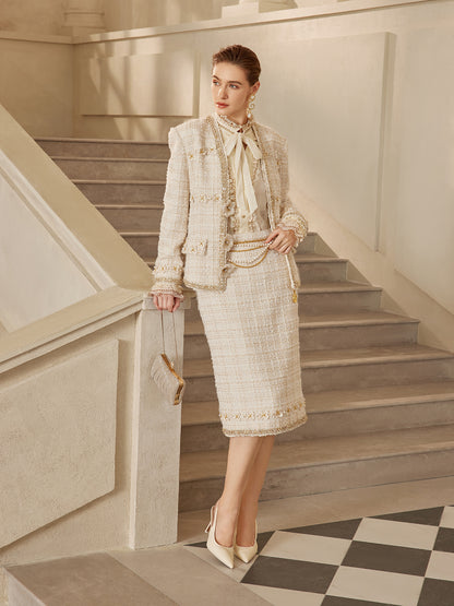 Two-Tone Check Tweed Hand-Beaded Floral Jacket (Matching Scrunchie Included)