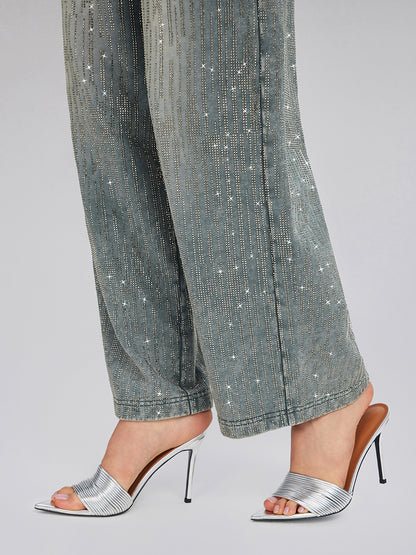 Denim-Inspired Rhinestones Embellished Sweatpants
