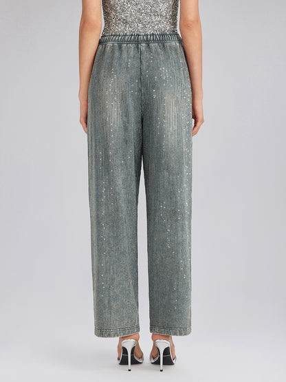 Denim-Inspired Rhinestones Embellished Sweatpants