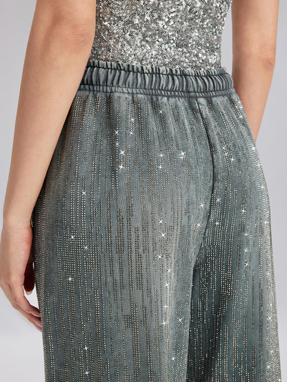Denim-Inspired Rhinestones Embellished Sweatpants