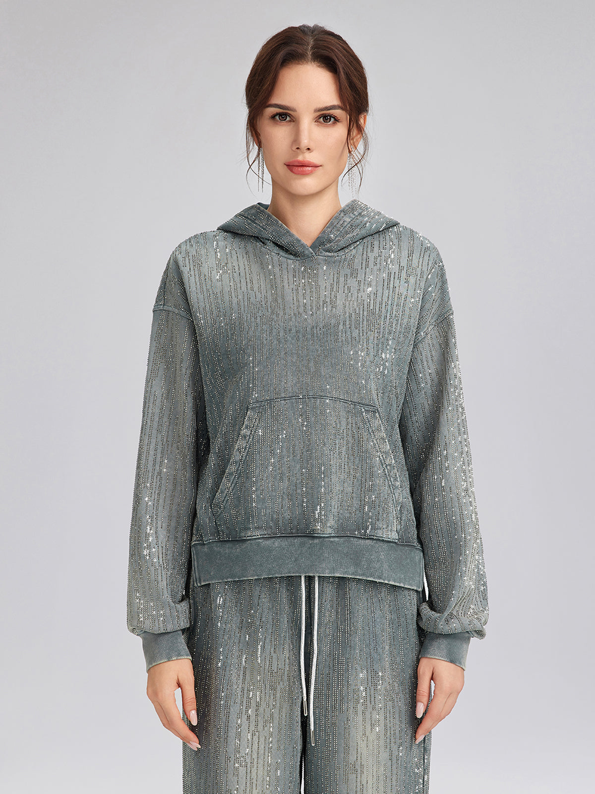 Denim-Inspired Rhinestones Cropped Hoodie