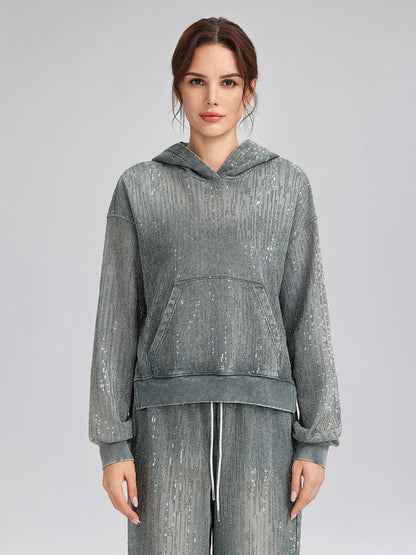 Denim-Inspired Rhinestones Cropped Hoodie