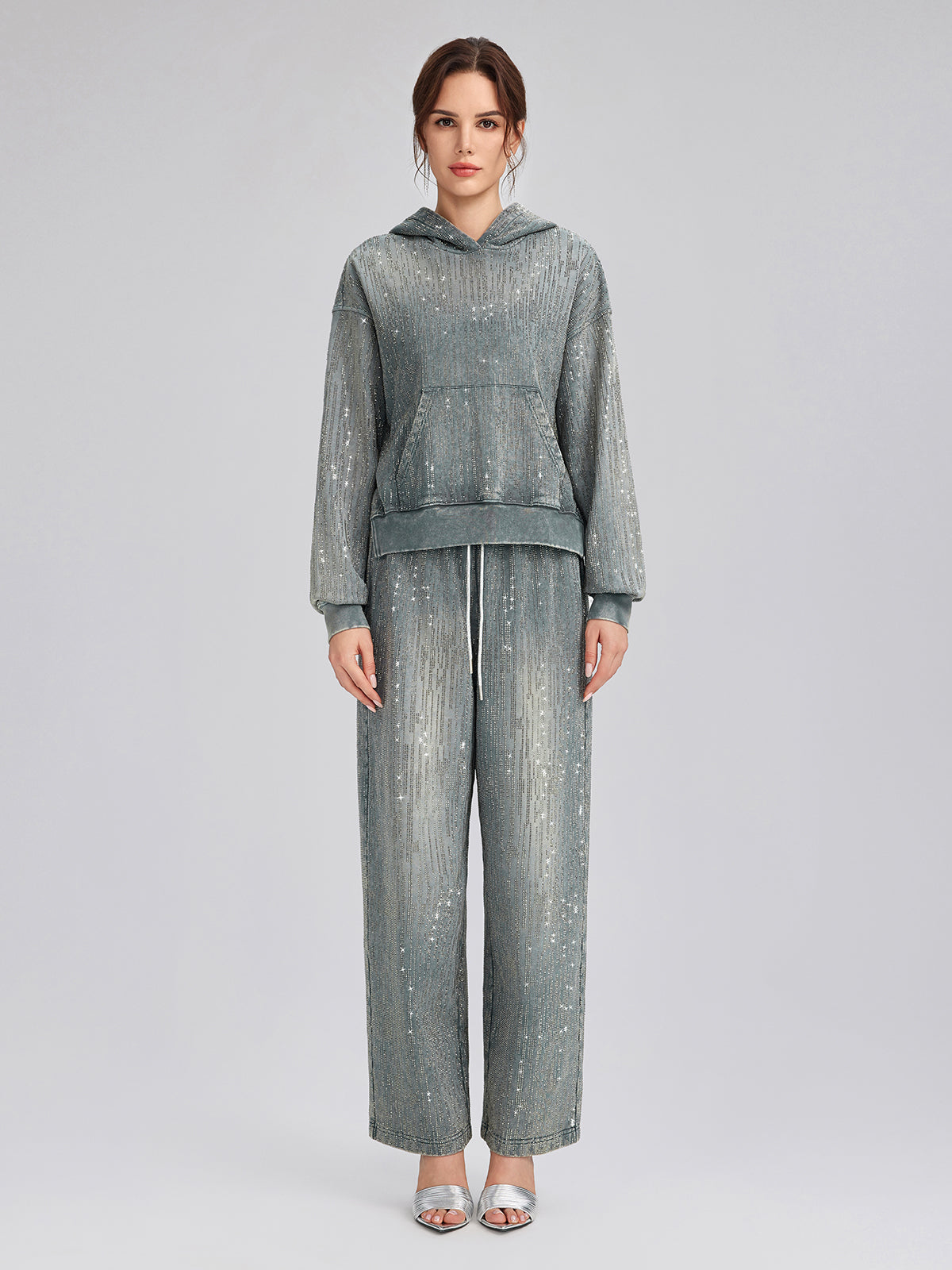 Denim-Inspired Rhinestones Embellished Sweatpants