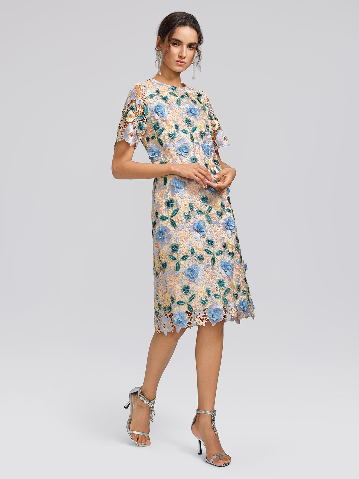 Guipure Lace Floral Leaf-Embellished Dress