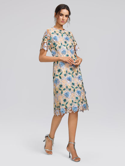 Guipure Lace Floral Leaf-Embellished Dress