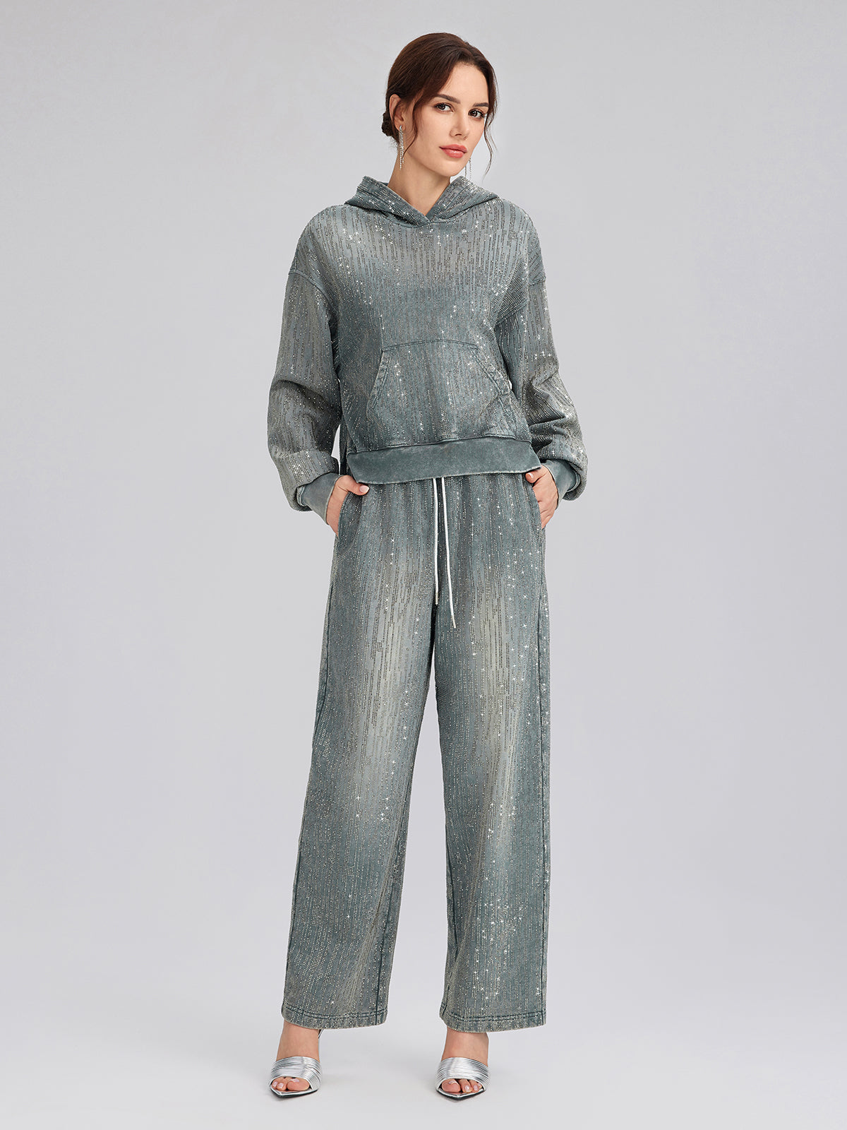 Denim-Inspired Rhinestones Embellished Sweatpants