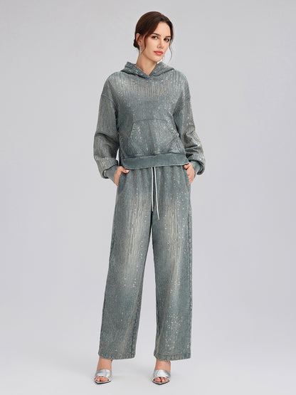 Denim-Inspired Rhinestones Cropped Hoodie