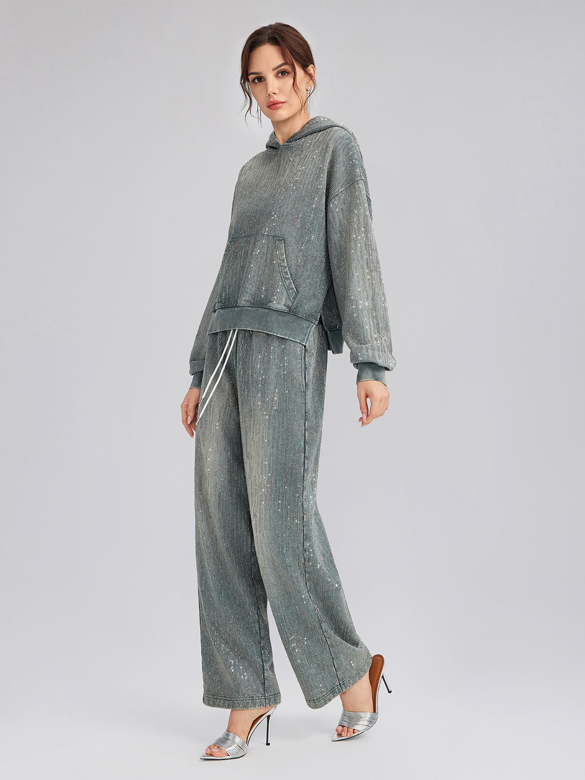 Denim-Inspired Rhinestones Cropped Hoodie