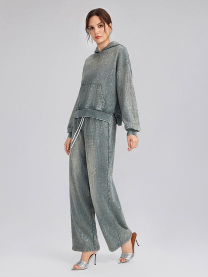 Denim-Inspired Rhinestones Cropped Hoodie