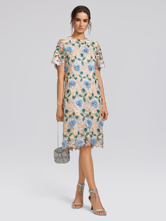 Guipure Lace Floral Leaf-Embellished Dress