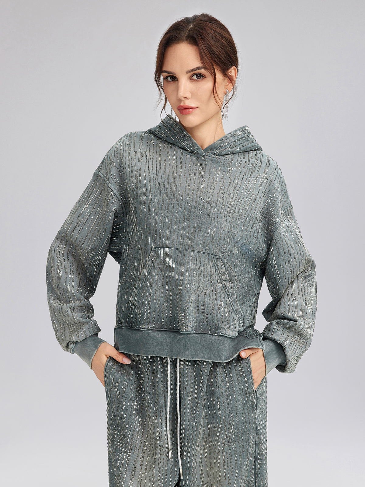 Denim-Inspired Rhinestones Cropped Hoodie