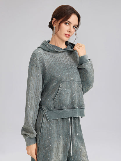 Denim-Inspired Rhinestones Cropped Hoodie