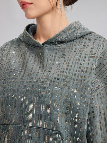 Denim-Inspired Rhinestones Cropped Hoodie