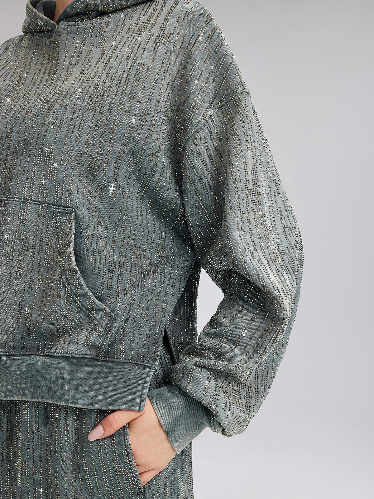 Denim-Inspired Rhinestones Cropped Hoodie