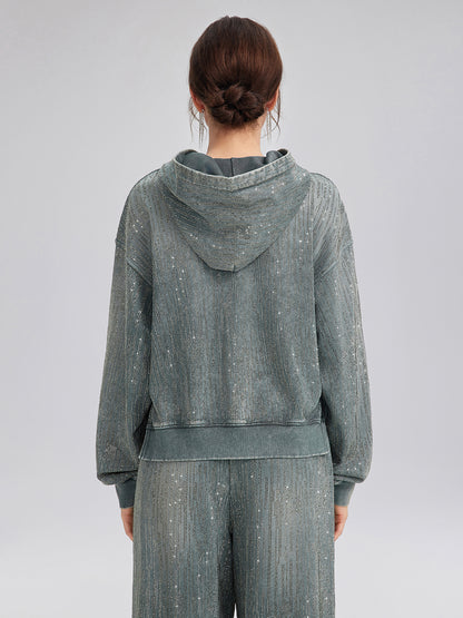 Denim-Inspired Rhinestones Cropped Hoodie
