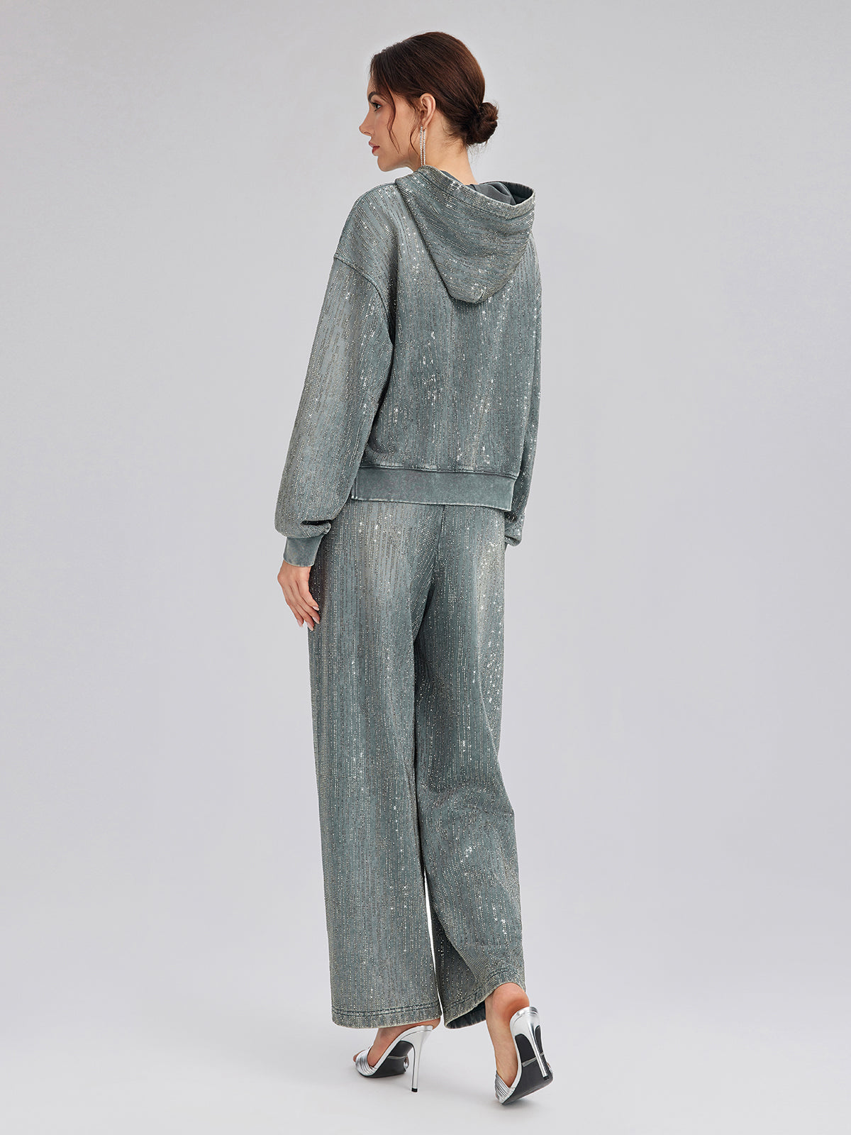 Denim-Inspired Rhinestones Cropped Hoodie