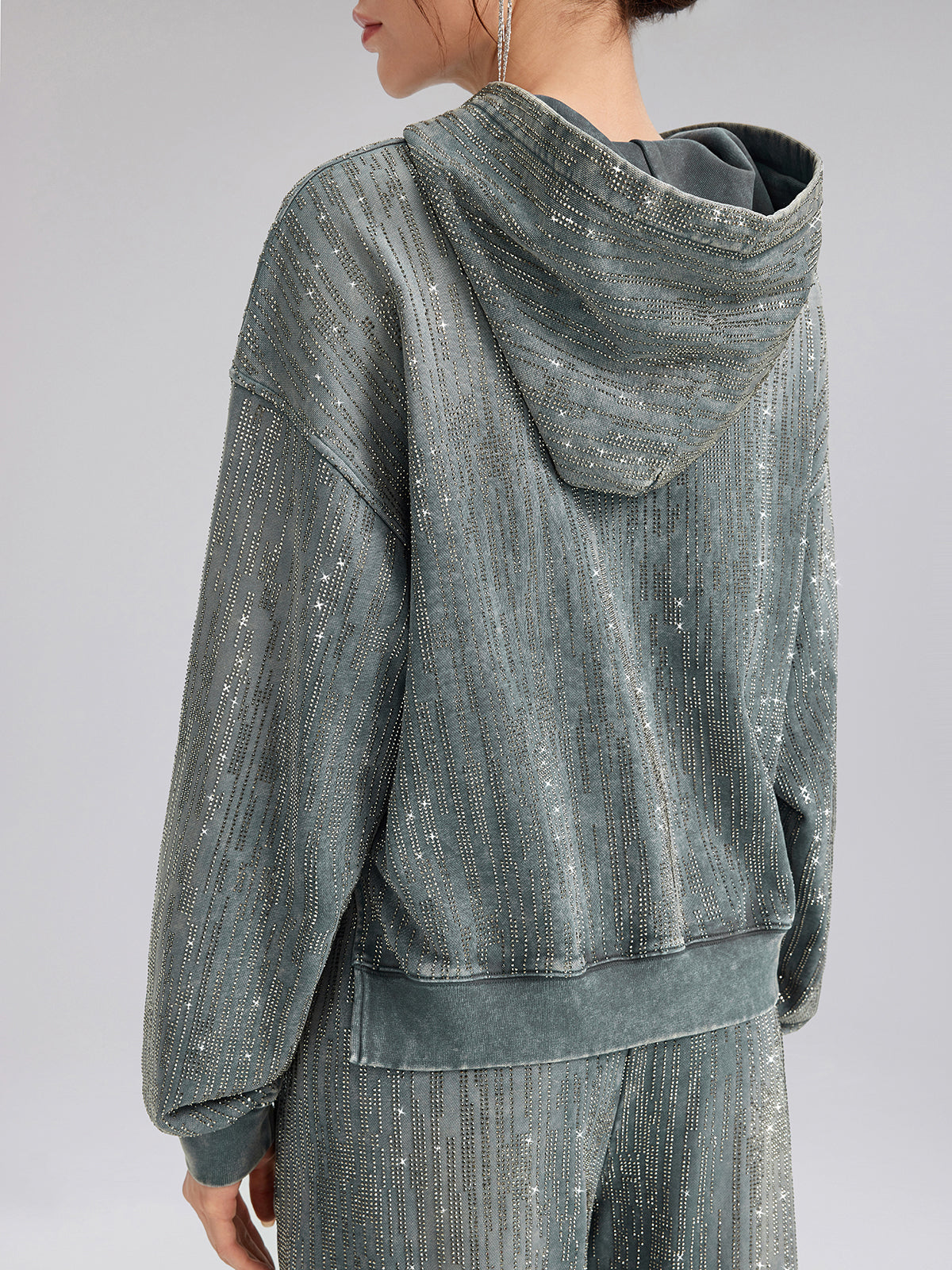 Denim-Inspired Rhinestones Cropped Hoodie