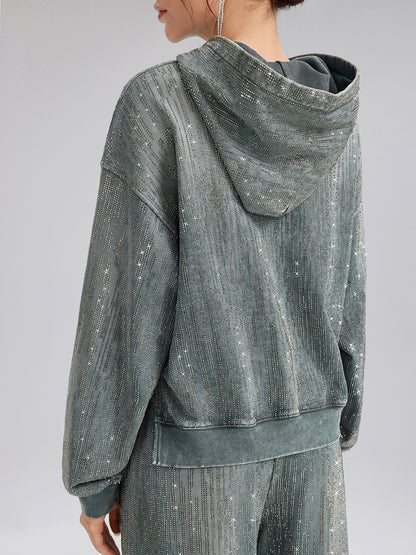 Denim-Inspired Rhinestones Cropped Hoodie