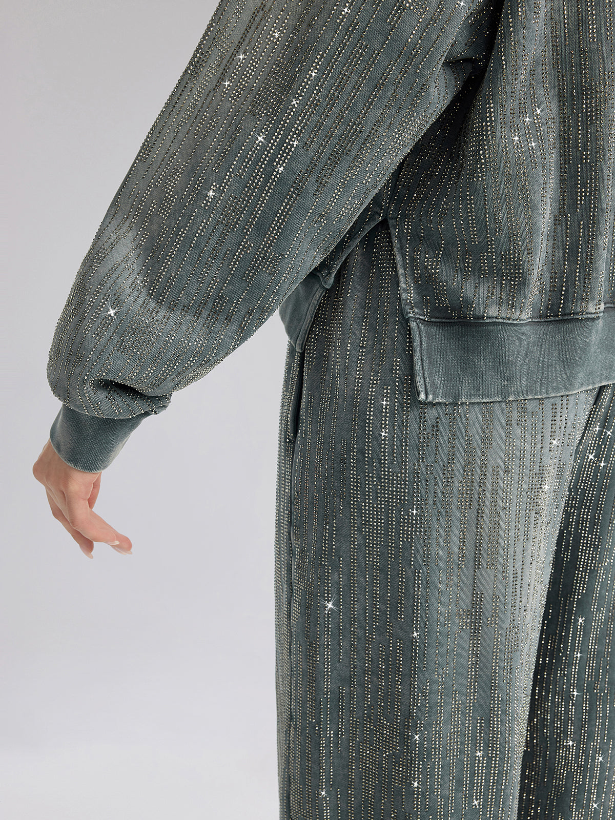 Denim-Inspired Rhinestones Cropped Hoodie