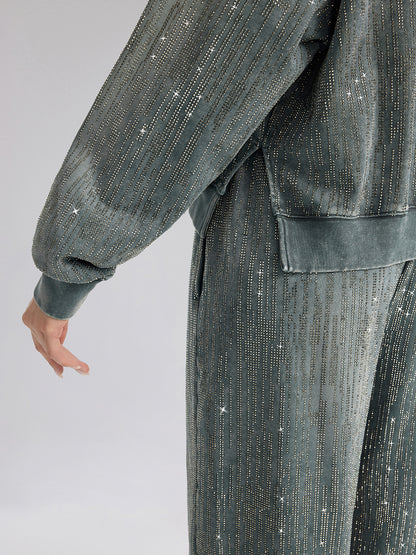 Denim-Inspired Rhinestones Cropped Hoodie