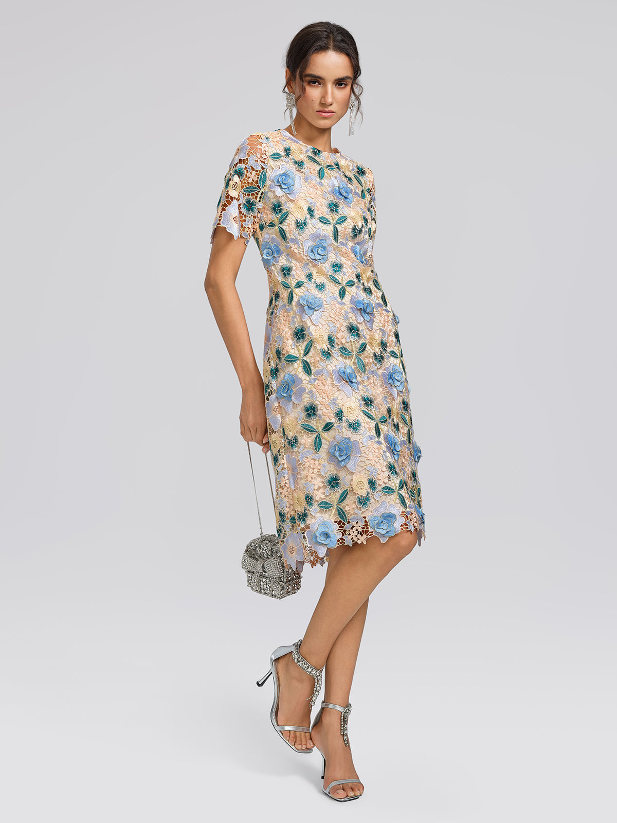 Guipure Lace Floral Leaf-Embellished Dress