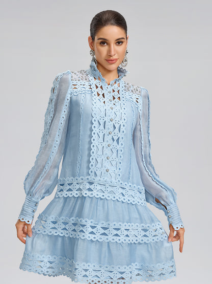 Linen Beaded Cutout Trimming Mini Dress