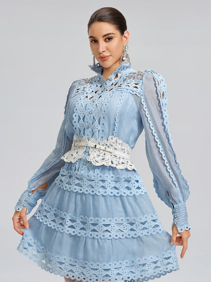 Linen Beaded Cutout Trimming Mini Dress