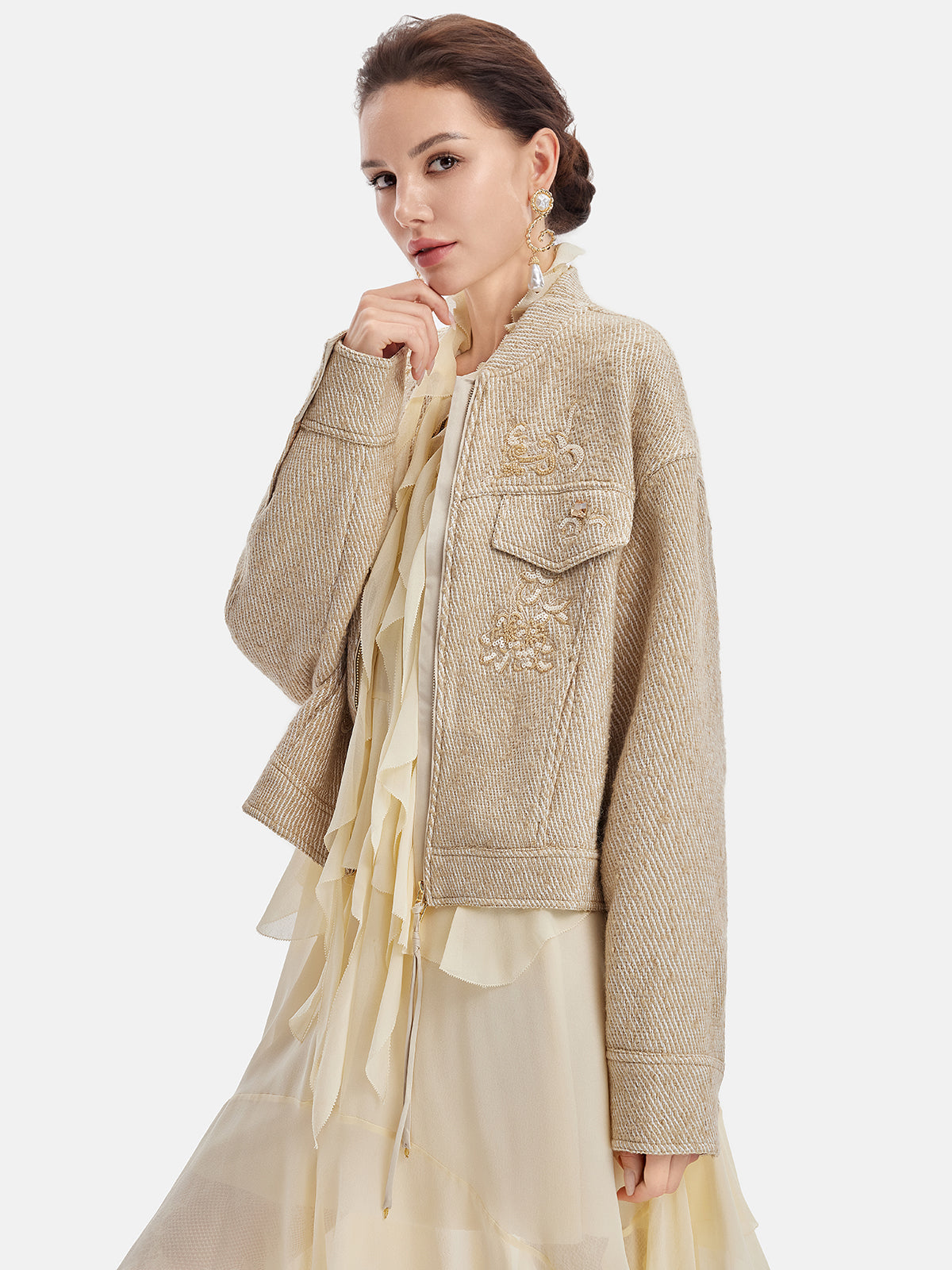 Cloud Pattern Embroidered Wool Coat