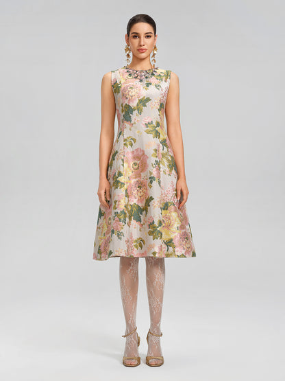 Crystal Beaded Jacquard A Line Pocket Dress