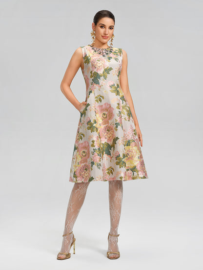 Crystal Beaded Jacquard A Line Pocket Dress