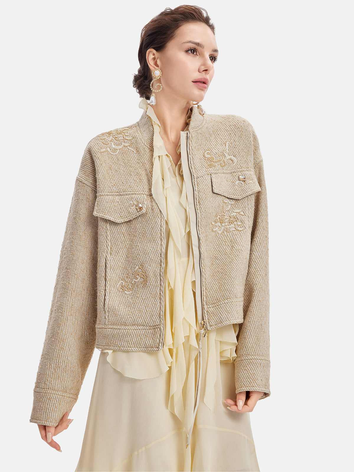 Cloud Pattern Embroidered Wool Coat