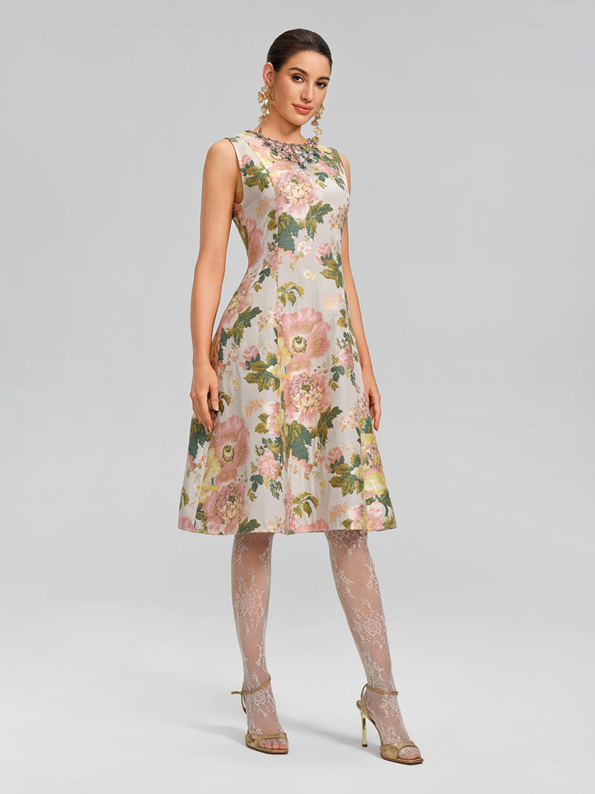 Crystal Beaded Jacquard A Line Pocket Dress