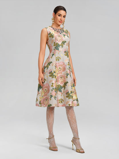 Crystal Beaded Jacquard A Line Pocket Dress