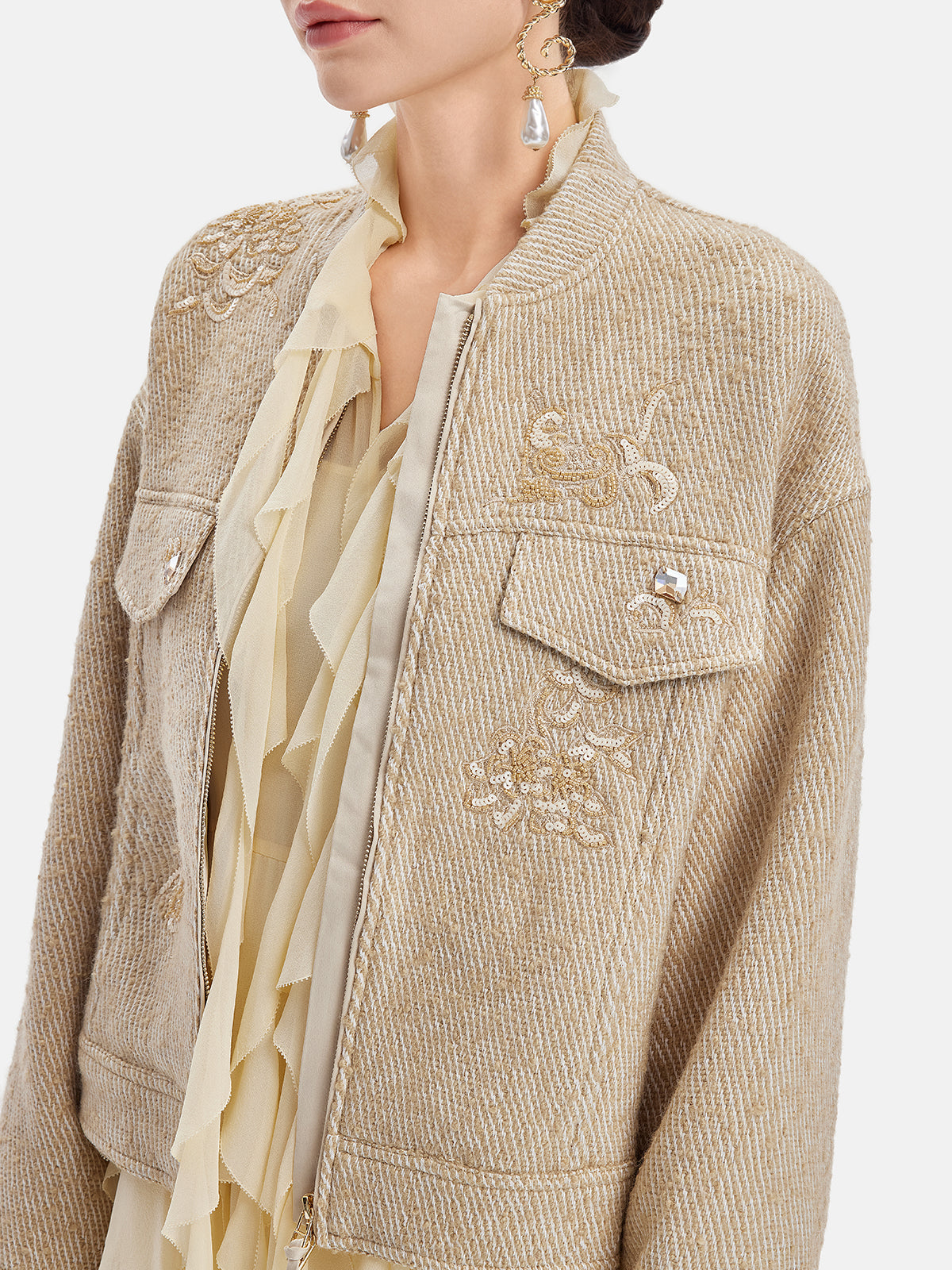 Cloud Pattern Embroidered Wool Coat