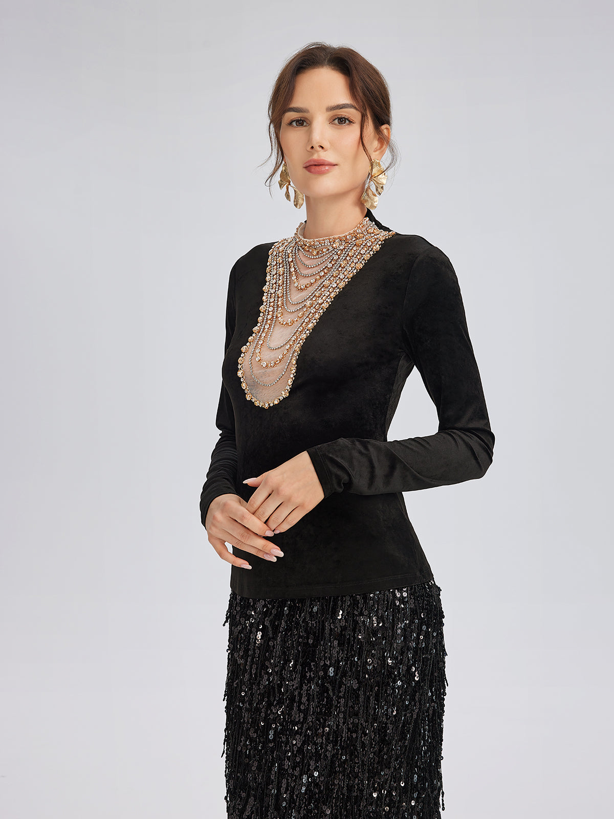 Hand-Beaded Crystal Chain Velvet Top