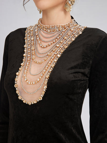 Hand-Beaded Crystal Chain Velvet Top