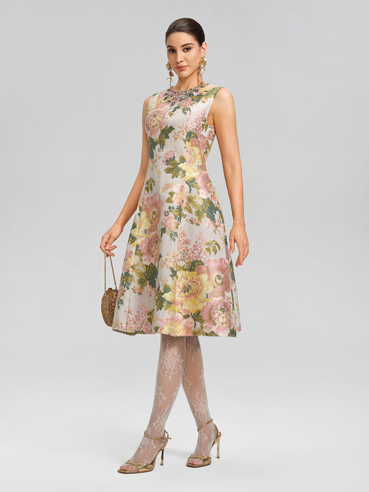 Crystal Beaded Jacquard A Line Pocket Dress