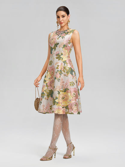Crystal Beaded Jacquard A Line Pocket Dress