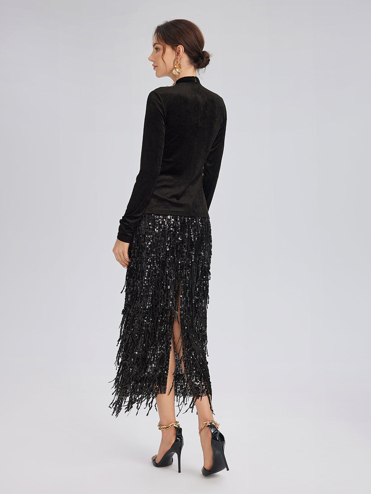 Hand-Beaded Crystal Chain Velvet Top