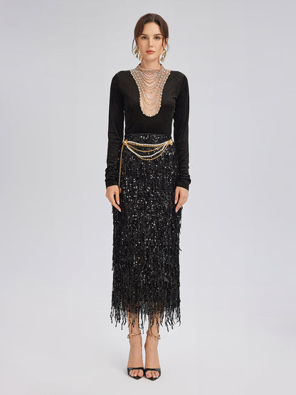 Hand-Beaded Crystal Chain Velvet Top